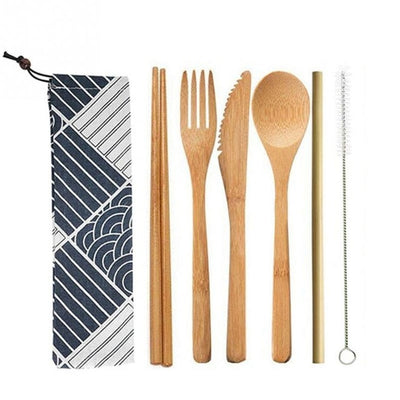 6/7/8pcs/set Straw Kitchen Utensil With Cloth Bag